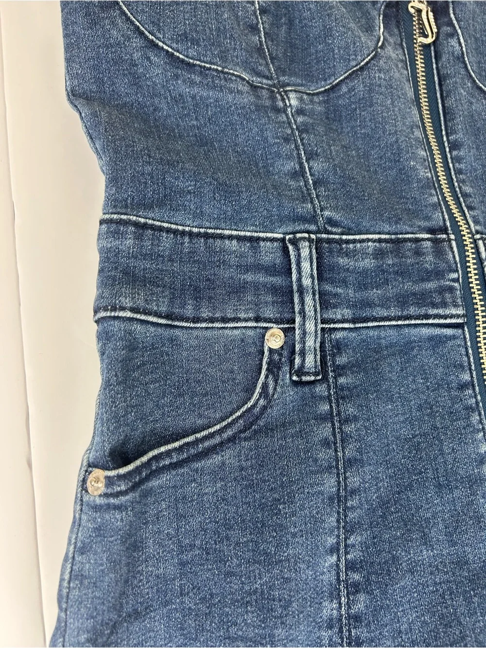 Juicy Couture Denim Dress S Blue Sweetheart Zip Front Bodycon Rhinestone NEW - Picture 4 of 9